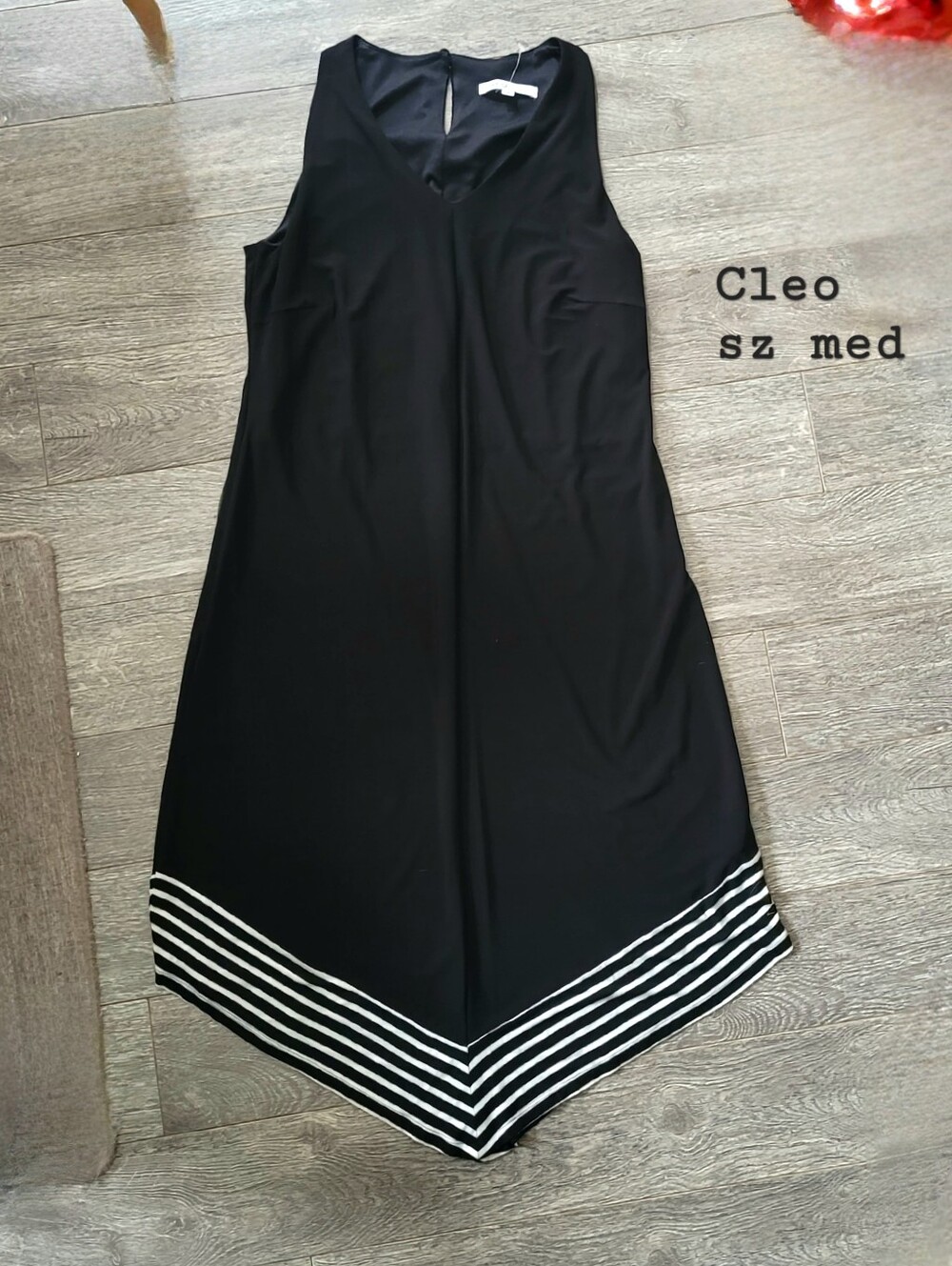 Cleo Black Sleeveless V-Neck Dress with Black-and-White Striped Chevron Hem